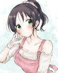  1girl :o ba_ra_ran bare_shoulders black_hair collarbone dirty dirty_face gloves grease green_eyes hand_on_own_face harada_miyo head_tilt highres idolmaster idolmaster_cinderella_girls idolmaster_cinderella_girls_starlight_stage off-shoulder_sweater off_shoulder overalls pink_overalls ponytail scrunchie short_hair simple_background solo sweater white_gloves white_sweater 