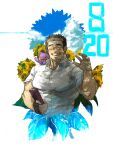  1boy alternate_costume bara birthday black_hair blush book creature devil_(housamo) flower glasses highres large_pectorals male_focus muscular muscular_male pectorals pmlial shiro_(housamo) shirt short_hair sideburns smile solo sunflower thick_eyebrows tokyo_afterschool_summoners upper_body white_background 