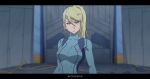  1girl absurdres blonde_hair blue_eyes blurry blurry_background breasts felipe_uribe hair_between_eyes highres large_breasts long_hair looking_at_viewer metroid metroid_dread parted_lips ponytail samus_aran solo upper_body zero_suit 