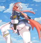  absol absurd_res akari_(pokemon) anthro clothing clothing_pull cosplay female genitals hi_res looking_at_viewer low-angle_view nintendo pantsless pok&eacute;mon pok&eacute;mon_(species) pussy rose_duskclaw shiny_pok&eacute;mon silver_ninja solo underwear underwear_pull video_games 