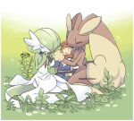  1boy 2girls :&gt; alpha_pokemon animal_ears artist_name bangs black_hair blue_kimono bob_cut body_fur border brown_fur cabbie_hat closed_eyes closed_mouth colored_skin commentary_request day flat_chest flower furry furry_female furry_with_non-furry gardevoir gradient gradient_background grass green_background green_hair green_skin hair_over_one_eye hand_on_another&#039;s_head hand_on_own_thigh hand_up hands_up hat head_hug hetero holding_hands interspecies japanese_clothes kimono kiss kissing_hand layered_sleeves long_sleeves lopunny magami_tobazu multicolored_skin multiple_girls nervous on_ground one_eye_covered outdoors own_hands_together pokemon pokemon_(creature) pokemon_(game) pokemon_legends:_arceus rabbit_ears rabbit_girl rabbit_tail red_headwear red_scarf rei_(pokemon) scarf shiny shiny_hair short_hair short_over_long_sleeves short_sleeves signature simple_background sitting sweat tail two-tone_fur two-tone_skin u_u wariza watermark white_border white_flower white_skin yellow_fur yokozuwari 