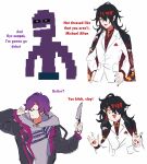  3boys absurdres black_hair black_jacket black_kimono black_nails closed_eyes collar_chain_(jewelry) collared_shirt colored_skin english_text eyeshadow five_nights_at_freddy's five_nights_at_freddy's:_sister_location grey_hoodie hand_on_own_hip highres holding holding_knife hood hoodie jacket japanese_clothes kimono kimono_on_shoulders knife makeup male_focus meme michael_afton minome multicolored_hair multiple_boys nijisanji nijisanji_en open_hands open_mouth purple_hair purple_skin red_eyeshadow red_hair red_shirt shirt sketch smile streaked_hair uki_violeta virtual_youtuber vox_akuma vox_akuma_(1st_costume) white_jacket yas_bitch_slay_(meme) yellow_background 