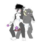  1:1 absurd_res anthro benji_(thyro) blush bovid bulge canid canine canis caprine diaper domestic_dog duo ejaculation erection fur grey_body grey_fur hi_res horn husky leaning_on_another male male/male mammal nordic_sled_dog sex_toy spitz text thyro thyro_(character) vibrator 