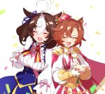  2girls :3 ahoge armor between_breasts blue_dress blush breasts brooch brown_hair cape clapping closed_mouth confetti corset dress gloves hand_up highres jewelry large_breasts meisho_doto_(umamusume) multicolored_hair multiple_girls nanaheibei_3 open_mouth ring shirt short_hair shoulder_armor smile strap_between_breasts t.m._opera_o_(umamusume) two-tone_hair umamusume upper_body white_background white_gloves white_hair white_shirt 