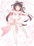  1girl animal_ears bare_shoulders black_hair blade_(galaxist) blush cat_ears cat_girl cat_tail commentary_request dress floral_background flower long_hair multicolored_hair multiple_tails nekoyama_nae off-shoulder_dress off_shoulder open_mouth outstretched_arms pink_flower red_eyes red_hair shoes solo standing standing_on_one_leg tail toranoana two-tone_hair two_tails very_long_hair virtual_youtuber white_dress white_footwear wrist_cuffs 