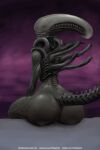  2018 2:3 alien alien_(franchise) alternate_version_at_source anthro black_body black_tail butt digital_media_(artwork) exoskeleton eyeless hi_res humanoid lips looking_at_viewer nihilophant nude presenting simple_background sitting smile solo wide_hips xenomorph xenophilia 
