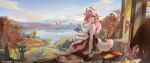  2girls animal_ears arm_support backlighting bare_shoulders basket book bottle cloud detached_sleeves figure fox fox_ears fox_tail genshin_impact highres holding holding_book japanese_clothes jewelry lake leaf looking_back miko mountain mountainous_horizon multiple_girls outdoors pink_hair priestess purple_eyes raiden_shogun ring scenery shouji sitting sky sliding_doors tail thighs tree water wboss wide_sleeves wooden_floor yae_miko 