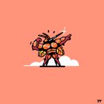 buzzwole commentary flexing full_body glint highres james_turner legs_apart notice_lines orange_background outstretched_arm pokemon pokemon_(creature) pose signature solo standing ultra_beast 