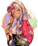  1girl absurdres bangs braid dark_skin flower hagoita hair_flower hair_ornament highres hololive hololive_english japanese_clothes kimono looking_at_viewer low_twin_braids multicolored_clothes multicolored_kimono paddle pink_kimono planet_hair_ornament print_kimono rudang tsukumo_sana twin_braids virtual_youtuber white_hair wide_sleeves yellow_eyes 
