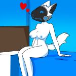  &lt;3 1:1 bed blue_blanket blue_eyes blue_mouth blue_nipples breasts exposed_breasts female fluffy fur furniture happy hi_res itz.pashawolf machine nipples on_bed pashawolf protogen raised_tail sitting sitting_on_bed smile solo white_body white_fur 