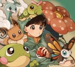  1boy altaria aqua_jacket bangs beautifly blush brown_eyes caterpie eevee highres holding holding_poke_ball hood hood_up jacket katao poke_ball poke_ball_(basic) pokemon pokemon_(creature) politoed shadow short_hair solo upper_body vileplume 