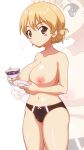  1girl bangs black_panties blonde_hair blue_eyes blush_stickers bow bow_panties braid breasts cleavage closed_mouth commentary cowboy_shot cup darjeeling_(girls_und_panzer) eyebrows_visible_through_hair girls_und_panzer gogopaint highres holding holding_cup holding_saucer large_breasts light_frown looking_at_viewer navel nipples notice_lines panties saucer shiny shiny_skin short_hair simple_background solo standing teacup tied_hair topless twin_braids underwear underwear_only white_background zoom_layer 