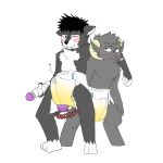  1:1 absurd_res anthro benji_(thyro) blush bodily_fluids bovid bulge canid canine canis caprine diaper domestic_dog duo ejaculation erection fur genital_fluids grey_body grey_fur hi_res horn husky leaning_on_another male male/male mammal nordic_sled_dog sex_toy spitz text thyro thyro_(character) urine vibrator wet_diaper wetting 