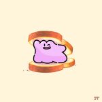  black_eyes bread commentary ditto food highres james_turner looking_at_viewer no_humans one_eye_closed open_mouth pokemon pokemon_(creature) sandwich signature smile solid_oval_eyes solo yellow_background 