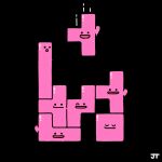  :d :o black_background black_eyes commentary crossover ditto highres james_turner no_humans open_mouth pokemon pokemon_(creature) signature smile solid_circle_eyes split_mouth tetris 