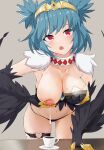  1girl absurdres artist_request bangs black_feathers blue_hair blush breasts claws collar cup english_commentary harpy highres indie_virtual_youtuber lactation lincoro looking_at_viewer medium_breasts monster_girl mug navel nipples open_mouth red_eyes second-party_source short_hair short_twintails solo table tiara twintails virtual_youtuber winged_arms 