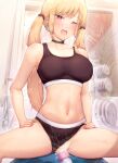  1girl artist_name ball bangs black_choker black_sports_bra blonde_hair blush breasts choker collarbone ear_piercing exercise_ball eyebrows_visible_through_hair female_ejaculation gym gym_uniform hair_ornament hands_on_hips highres kimoshi kitagawa_marin large_breasts looking_at_viewer low_twintails navel one_eye_closed open_mouth piercing pink_eyes pussy_juice sex_toy solo sono_bisque_doll_wa_koi_wo_suru sports_bra thighs twintails vibrator weights 