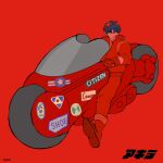  1boy 38mari10 akira black_hair boots gloves goggles goggles_on_head ground_vehicle highres jacket kaneda_shoutarou kaneda_shoutarou&#039;s_bike long_sleeves motor_vehicle motorcycle on_motorcycle pants red_background red_footwear red_gloves red_jacket red_pants red_theme short_hair simple_background solo 