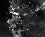  1girl animal_ears bare_shoulders blue_eyes blue_fire clenched_hand dress fire flaming_eye floating_hair from_behind greyscale hat highres horse_ears horse_girl horse_tail long_hair monochrome nanaheibei_3 off-shoulder_dress off_shoulder parted_lips rice_shower_(umamusume) sideways_mouth solo spot_color standing sweat tail thighhighs umamusume 