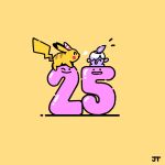 ^_^ anniversary blowing blush_stickers closed_eyes commentary ditto fire happy highres james_turner litwick no_humans open_mouth pikachu pokemon pokemon_(creature) purple_fire signature smile yellow_background 