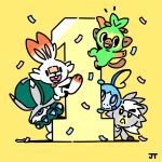  anniversary blue_eyes bright_pupils calyrex closed_mouth commentary_request confetti frown grookey highres james_turner kubfu no_humans pokemon pokemon_(creature) scorbunny signature smile sobble split_mouth starter_pokemon_trio white_pupils yellow_background 