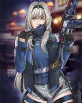  1girl an-94 an-94_(girls&#039;_frontline) an-94_(girls&#039;_frontline)_(cosplay) aqua_eyes assault_rifle bangs blue_eyes call_of_duty:_mobile closed_mouth cosplay drawingbonbon girls&#039;_frontline gloves gun hairband highres jacket long_hair long_sleeves looking_at_viewer mask platinum_blonde_hair rifle scylla_(call_of_duty:_mobile) silver_hair solo tagme weapon 