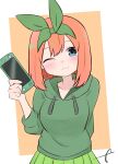  1girl ;) bangs blue_eyes blush breasts brown_background closed_mouth drawstring eyebrows_behind_hair go-toubun_no_hanayome green_hoodie green_ribbon green_skirt hair_between_eyes hair_ribbon hand_up handheld_game_console head_tilt highres holding hood hood_down hoodie kujou_karasuma medium_breasts nakano_yotsuba one_eye_closed orange_hair pleated_skirt ribbon signature skirt smile solo two-tone_background white_background 