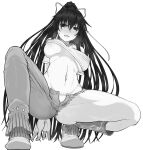  1girl arm_behind_back ass bangs black_hair blush boots breasts clothes_lift commentary_request cowboy_boots crossed_bangs full_body greyscale hair_between_eyes high_ponytail highres irokohaku kanzaki_kaori large_breasts long_hair looking_at_viewer looking_down monochrome navel nipples open_pants pants see-through see-through_shirt shirt_lift simple_background solo spread_legs squatting sweat thighs toaru_majutsu_no_index torn_clothes torn_legwear white_background zipper_pull_tab 