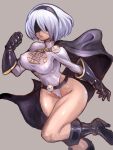  1girl adapted_costume android blindfold boots breasts cape cleavage cosplay covered_nipples curvy dakusuta dc_comics gloves high_heel_boots high_heels highleg highleg_leotard highres large_breasts leotard nier_(series) nier_automata power_girl power_girl_(cosplay) shiny shiny_skin solo superhero white_hair yorha_no._2_type_b 