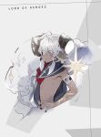  1boy androgynous aries_(lord_of_heroes) clover_games dark-skinned_male dark_skin earrings highres horns jewelry looking_at_viewer looking_to_the_side lord_of_heroes male_focus nail_polish official_art sheep_boy sheep_horns white_hair 
