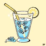  afloat air_bubble animal_focus bird bubble commentary drinking_straw eiscue eiscue_(ice) food fruit glass highres ice ice_cube james_turner lemon lemon_slice liquid lying on_side penguin pokemon signature yellow_background 