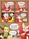  absurd_res angry anthro blush braixen bray_(lucyfercomic) breasts brown_eyes chugging cleavage clothed clothing container cup cute_fangs drinking duo eeveelution english_text female fire furniture glass glass_container glass_cup gloves handwear hi_res inner_ear_fluff kaito_(inarifox) leafeon lucyfercomic male nintendo pok&eacute;mon pok&eacute;mon_(species) profanity red_eyes sitting sound_effects speech_bubble stick table text tuft video_games 