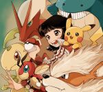  1girl arcanine bangs bayleef blaziken blue_eyes blunt_bangs blush blush_stickers brown_eyes brown_hair highres holding holding_poke_ball katao ledian long_sleeves open_mouth pikachu poke_ball poke_ball_(basic) pokemon pokemon_(creature) shadow short_hair solo upper_body wailmer 