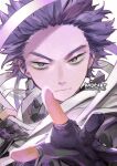  1boy artist_name bags_under_eyes bandages boku_no_hero_academia forehead kadeart looking_at_viewer male_focus messy_hair open_hand purple_eyes purple_hair shinsou_hitoshi simple_background solo spiked_hair upper_body weapon white_background 