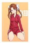  1girl alternate_costume barefoot breasts brown_hair commission hair_ribbon highres kagerou_(kancolle) kantai_collection kukurus long_hair looking_at_viewer medium_breasts open_mouth orange_background purple_eyes red_shorts remodel_(kantai_collection) ribbon seiza shorts simple_background sitting skeb_commission solo track_suit twintails white_ribbon 