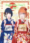  2021 2girls :d akiyama_akane blue_eyes blue_hair blue_kimono blush chinese_zodiac english_text eyebrows_visible_through_hair floral_print flower furisode hair_flower hair_ornament highres index_finger_raised inoue_iori japanese_clothes kimono multiple_girls new_year obi orange_hair original red_kimono sash sidelocks smile translated v wide_sleeves year_of_the_ox yellow_eyes yukimaru_ai 