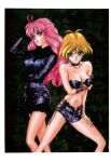  1990s_(style) 2girls antenna_hair aqua_eyes arm_under_breasts arm_up bangs black_neckwear blonde_hair border candy_(art_book) collar eyebrows_visible_through_hair hand_on_thigh highres long_hair long_sleeves looking_at_viewer mon_mon multiple_girls navel non-web_source o-ring o-ring_top original pink_eyes pink_hair retro_artstyle short_hair short_shorts shorts smile strapless white_border 