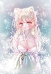  1girl animal_ear_fluff animal_ears bangs blush breasts brown_hair cleavage commentary_request dress eyebrows_visible_through_hair green_eyes highres long_hair long_sleeves looking_at_viewer medium_breasts original parted_lips smile snowflakes solo tandohark very_long_hair white_dress 