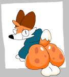  anthro balls big_butt butt canid canine clothing digital_media_(artwork) fox genitals looking_at_viewer looking_back male mammal simple_background sitting smile solo spaghettithefox superiorfox_(superiorfoxdafox) white_background 