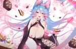  1girl absurdres animal_ears bare_shoulders blue_hair breasts commentary cupcake detached_sleeves english_commentary food fox_ears fox_girl gradient highres large_breasts long_hair looking_at_viewer multicolored_hair nanoless navel pie pink_hair silvervale solo tongue tongue_out two-tone_hair very_long_hair virtual_youtuber vshojo 