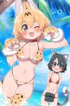  2girls :3 animal_ears animal_hands armpits backpack bag bare_shoulders bikini black_gloves black_hair blonde_hair blue_eyes blush bow cat_day cat_ears cat_girl cat_tail claw_pose collar collarbone covering covering_crotch cowboy_shot elbow_gloves extra_ears eyebrows_visible_through_hair fang gloves grey_shorts hair_between_eyes highres kaban_(kemono_friends) kemono_friends looking_at_viewer midriff multiple_girls navel ocean one_eye_closed open_mouth palm_tree partially_submerged paw_gloves paw_pose print_gloves print_legwear ransusan red_bikini red_bow red_collar serval_(kemono_friends) serval_print shiny shiny_skin short_hair shorts skindentation sky standing stomach string_bikini swimsuit tail tail_bow tail_ornament thighhighs tree wet yellow_eyes zettai_ryouiki 