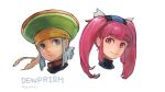  1boy 1girl blue_eyes closed_mouth copyright_name dewprism hat long_hair mint_(dewprism) pink_hair red_eyes rue_(dewprism) silver_hair simple_background smile syuma_i twintails white_background 