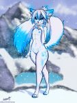  3:4 absurd_res anthro blue_eyes breasts canid canine curvy_figure female fluffy fox fox_spirit genitals glowing glowing_eyes glowing_genitalia glowing_markings hi_res mammal markings nipples paws pussy solo standing synthathena tail_markings tattoo wide_hips 