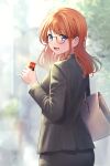  1girl :d akiyama_akane bag blue_eyes can formal from_side glasses grey_jacket grey_pants highres holding holding_can jacket long_hair looking_at_viewer looking_to_the_side office_lady orange_hair original pant_suit pants round_eyewear smile solo suit yukimaru_ai 