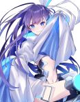  1girl blue_eyes crotch_plate fate/extra fate/grand_order fate_(series) highres long_hair long_sleeves meltryllis_(fate) midriff prosthesis prosthetic_leg purple_hair sherry_0014 sleeves_past_fingers sleeves_past_wrists smile solo 