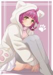  1girl absurdres ahoge animal_hood arms_on_knees bangs blunt_bangs blush border cat_hood closed_mouth commentary_request eyebrows_visible_through_hair grey_legwear highres hood hood_up hooded_jacket jacket knees_up long_sleeves looking_at_viewer love_live! love_live!_nijigasaki_high_school_idol_club open_clothes open_jacket paw_print pink_background pink_hair pink_shirt pleated_skirt pukonuu shirt short_hair signature sitting skirt solo tennouji_rina thighhighs turtleneck white_border white_jacket white_skirt yellow_eyes zettai_ryouiki 