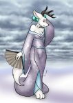  anthro asian_clothing breasts canid canine cervid clothing cloud danaume east_asian_clothing fox hand_fan herm hi_res hybrid intersex japanese_clothing kimono kit_renard mammal solo 