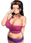  1girl black_hair blue_eyes blue_shorts breasts cleavage closed_mouth collarbone expressionless eyebrows eyewear_on_head highres kevbot large_breasts lips long_hair looking_at_viewer navel nico_robin one_eye_closed one_piece shorts solo sunglasses 