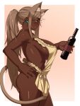  1girl absurdres animal_ear_fluff animal_ears apron bangs bare_shoulders bell blush bottle breasts brown-haired_cat_girl_(kevbot) brown_hair cat_ears cat_girl cat_tail cowboy_shot dark-skinned_female dark_skin extra_ears eyebrows_visible_through_hair frilled_apron frills from_side hand_on_hip highres holding holding_bottle huge_breasts jingle_bell kevbot large_breasts long_hair mole mole_under_eye naked_apron original parted_bangs parted_lips ponytail red_eyes sideboob sideways_mouth solo tail very_dark_skin wine_bottle 