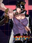  1boy birthmark black_hair blue_eyes bracelet cum cum_on_chest cum_on_crotch dio_brando facial hat holding holding_string jewelry joestar_birthmark jojo_no_kimyou_na_bouken katana kujo_jotaro large_pectorals less_end long_coat male_focus muscular muscular_male pectorals pixel_art sheath sheathed solo_focus stardust_crusaders string sword weapon yaoi 